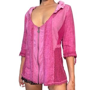 90s Vintage Pink Zip Up Top Lace Up Picot Trim (XS-M) Cottage Festival Cotton